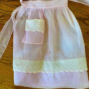 Vintage Cloud Pink ORGANZA Half Apron.  Lace Trim. OOAK.  Perfect in every way